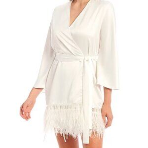 Swan Charmeuse Ostrich Feather Trim Hem 3/4 Sleeve Rob